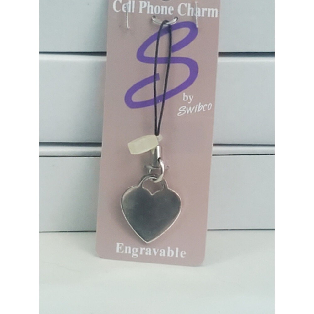 Swibco Silver Tone Heart Cell Phone Charm Keyring Lanyard Engravable Y2K NWT